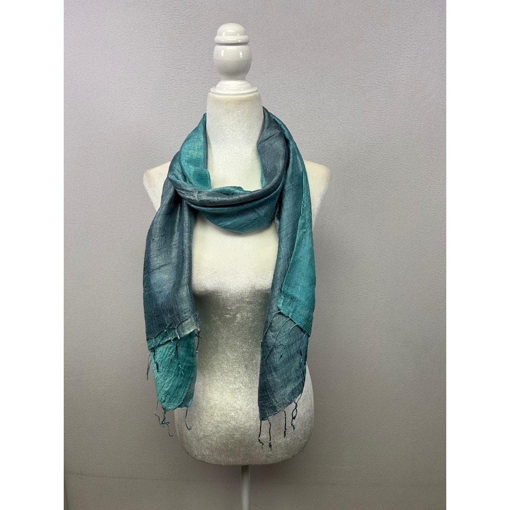 Boho Artisan Womens OS Teal Blue Raw Silk Fringed Wrap Scarf